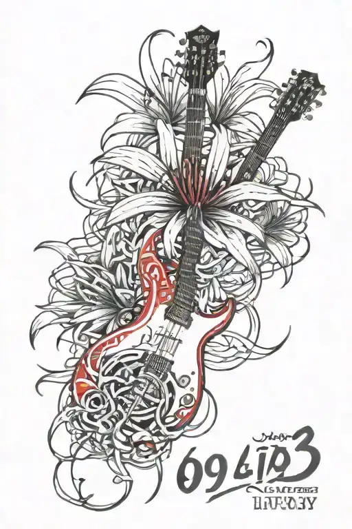 red spider lily with text: "993", guitar, 30 seconds to mars logo, linkin park logo, book tattoo design idea