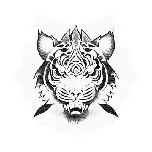 Japanese tiger and dragon head with traditional Japanese patterns around it tattoo design idea