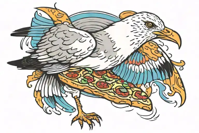 seagull in animal print with a mohawk and a slice of pizza in it's beak  tattoo design idea
