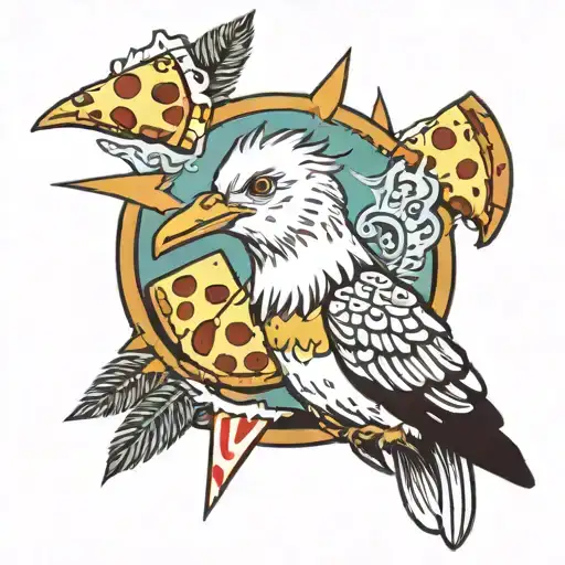 seagull in animal print feathers with a mohawk and a slice of pizza in it's beak  tattoo design idea