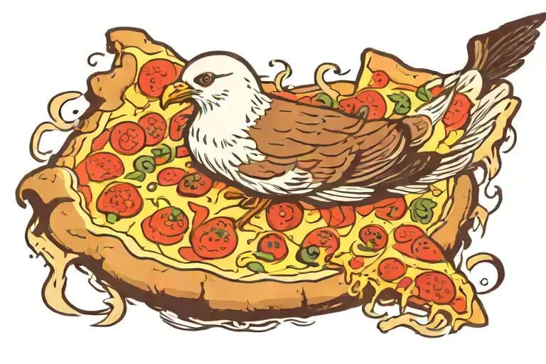 seagull in animal print feathers with a mohawk and a slice of pizza in it's beak  tattoo design idea