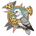 seagull in animal print feathers with a mohawk and a slice of pizza in it's beak  tattoo design idea