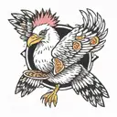 seagull in animal print feathers with a mohawk and a slice of pizza in it's beak  tattoo design idea