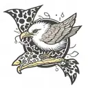 seagull in animal print feathers with a mohawk and a slice of pizza in it's beak  tattoo design idea