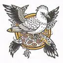 seagull in animal print feathers with a mohawk and a slice of pizza in it's beak  tattoo design idea