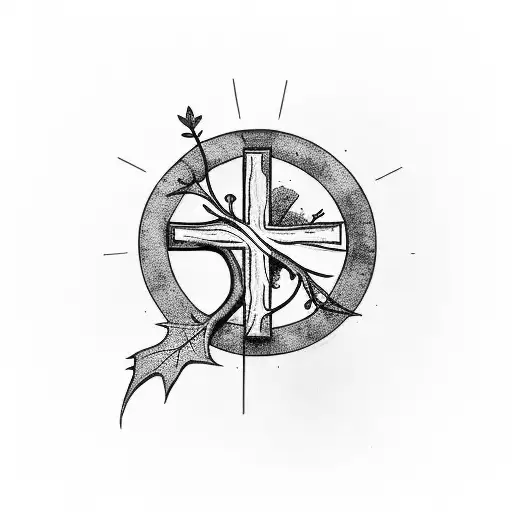 A minimalist design incorporating a cross and ivy, inspired by Isaiah 41:10, in a black-grey style tattoo design idea