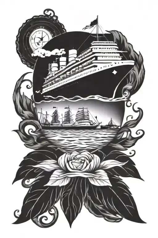 date of birth and death, heartbeat and cruise ship tattoo design idea