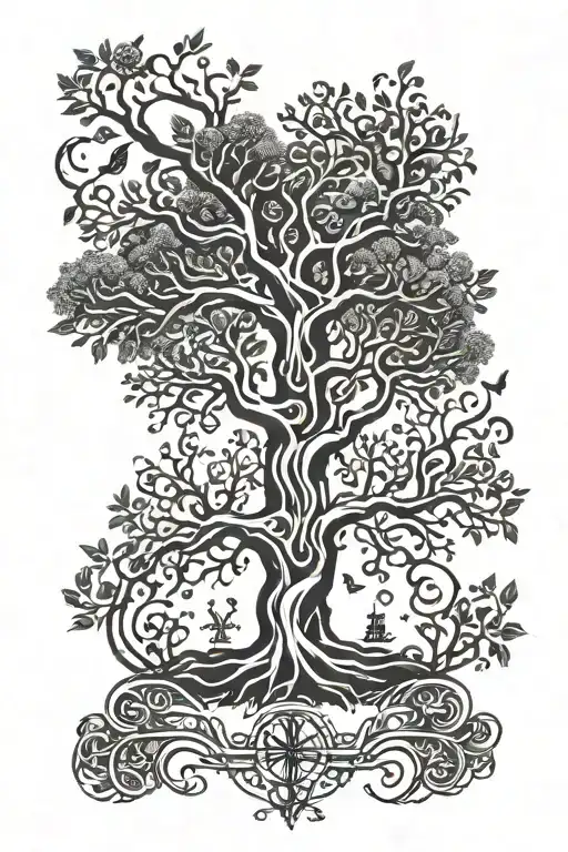 A tree of life with branches representing different members of the client's family, with musical symbols intertwined tattoo design idea
