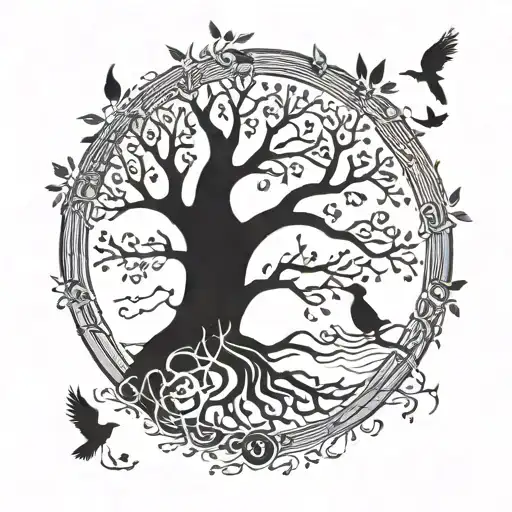 A tree of life with branches representing different members of the client's family, with musical symbols intertwined tattoo design idea