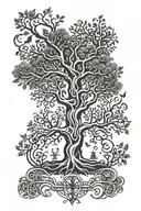 A tree of life with branches representing different members of the client's family, with musical symbols intertwined tattoo design idea