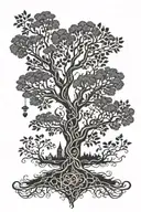 A tree of life with branches representing different members of the client's family, with musical symbols intertwined tattoo design idea