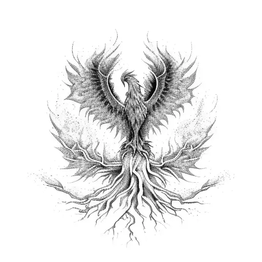 A phoenix rising from ashes combined with a winding road and a tree with deep roots tattoo design idea