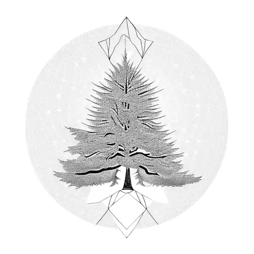 a tree that is half pine and half willow with geometric frame and shining stars tattoo design idea