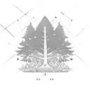 a tree that is half pine and half willow with geometric frame and shining stars tattoo design idea