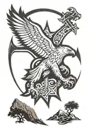 Eagle that’s holding a cross fighting a lion wearing a crown. Mountains in a background and an olive tree. tattoo design idea