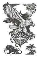 Eagle that’s holding a cross fighting a lion wearing a crown. Mountains in a background and an olive tree. tattoo design idea
