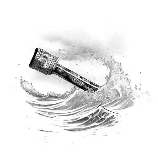 A beer bottle and a baseball bat crossed with waves crashing in the background tattoo design idea