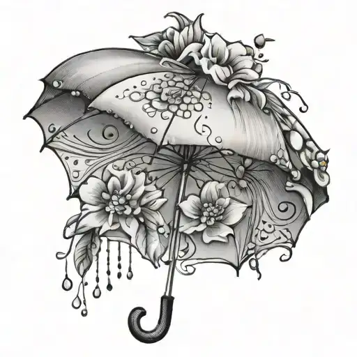 Umbrella, water droplets, flower tattoo design idea
