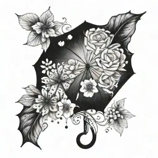 Umbrella, water droplets, flower surrounded tattoo design idea