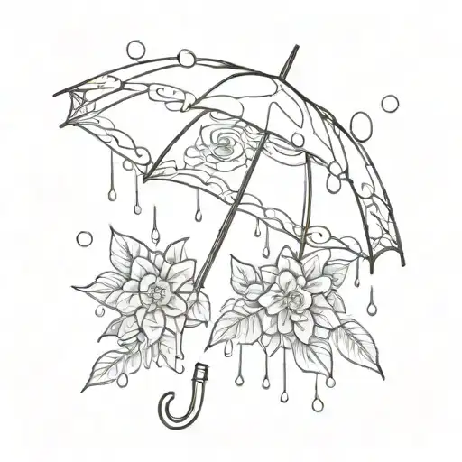 Umbrella, water droplets turning into flowers tattoo design idea