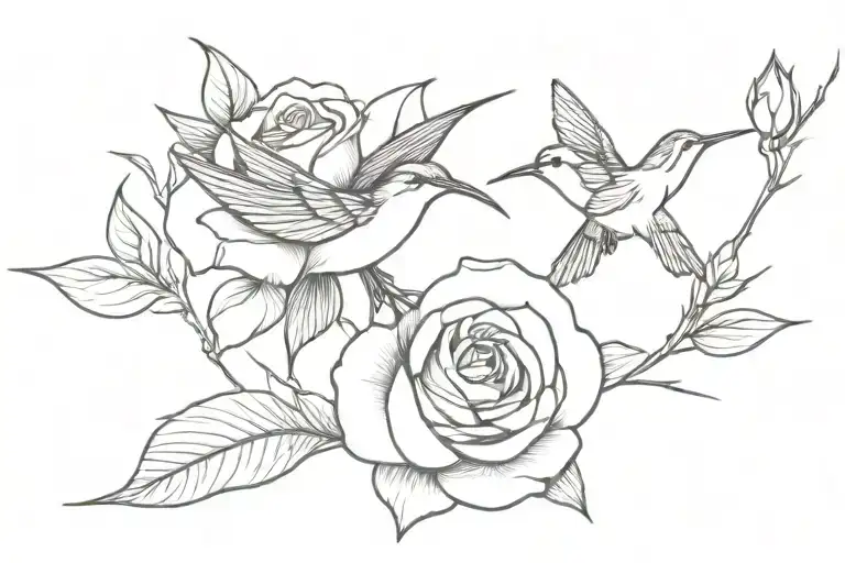 contunuous fine line humming bird and rose tattoo design idea