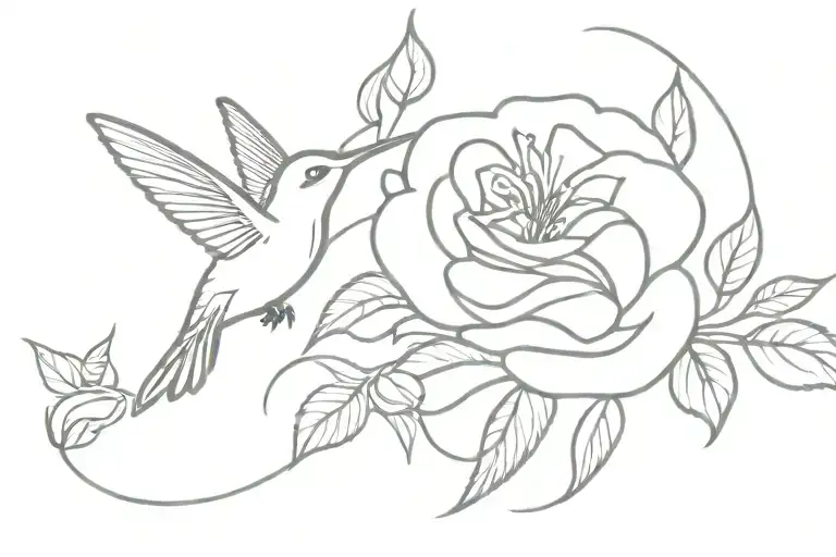contunuous fine line humming bird and rose tattoo design idea