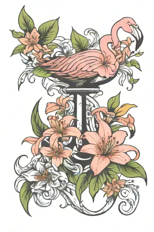 lily flowers anchor flamingo surrounded tattoo design idea