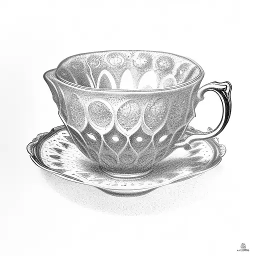 A teacup with a scalloped rim. There is a hole on the side of the teacup. Magic bubbles float around. tattoo design idea