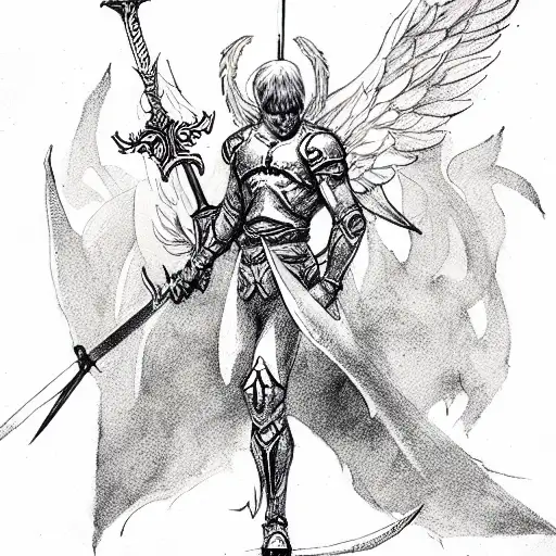 male angel warrior with sword tattoo design idea