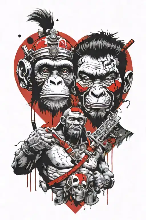 monkey heart surgeon with samurai warrior holding tattoo design idea