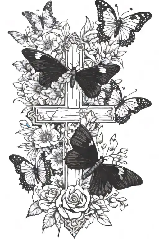 a cross wrapped in lavender flowers surrounded by butterflies  tattoo design idea