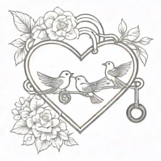 3 flying birds and flowers in a heart shaped lock tattoo design idea