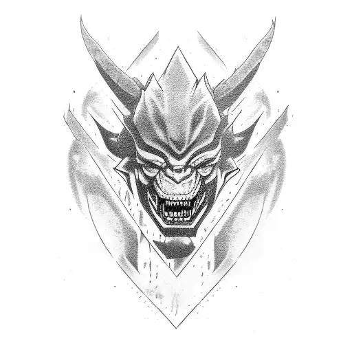 Broken in half oni mask tattoo design idea