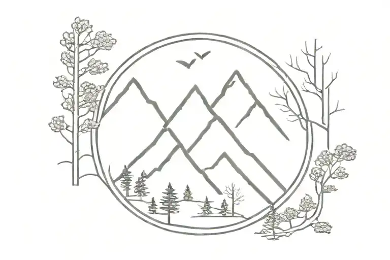 black Lodge symbol over twin peaks. circle in ground under symbol. add pine and fur trees to mountain.  tattoo design idea