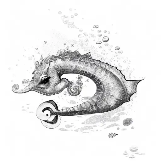 A seahorse and stingray in a sketch style underwater scene tattoo design idea