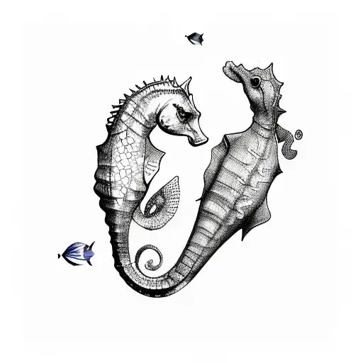 A seahorse and stingray in a sketch style underwater scene tattoo design idea