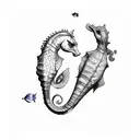 A seahorse and stingray in a sketch style underwater scene tattoo design idea