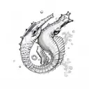 A seahorse and stingray in a sketch style underwater scene tattoo design idea