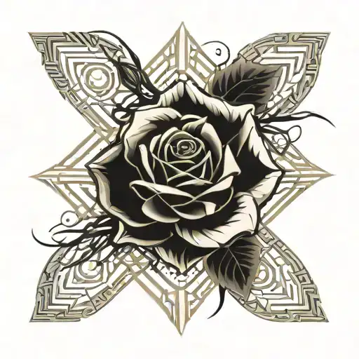 Black and beige rose interwoven with a gothic inscription that forms the inscription "life poisoned by love" tattoo design idea