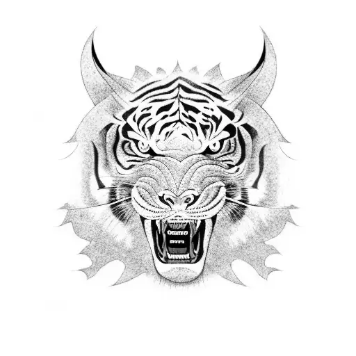 full body chinese style dragon with head of a tiger and stripes on body tattoo design idea
