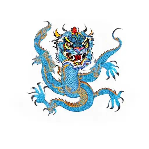 full body chinese style dragon with head of a tiger and stripes on body, flying downwards with tail flying up. tattoo design idea