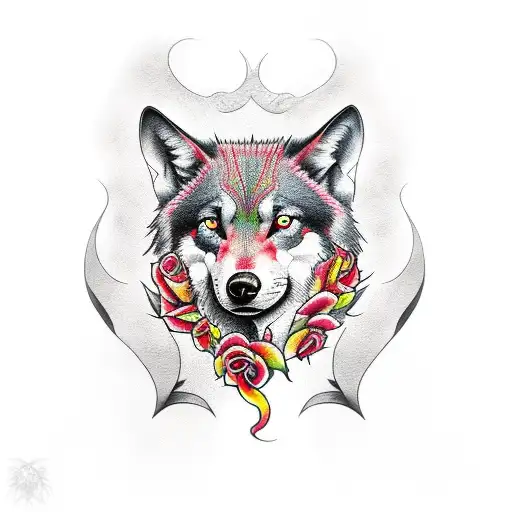 sleeve with rose phoenix and wolf  tattoo design idea