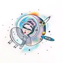 space, planets,  fat astronaut woman, galaxy, oldschool tattoo design idea
