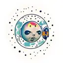 space, planets,  fat astronaut woman, galaxy, oldschool tattoo design idea