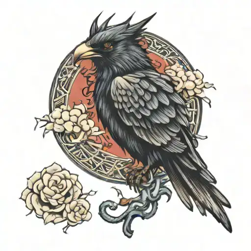 Japanese oriental style tattoo featuring crows and dragon sleeve  tattoo design idea