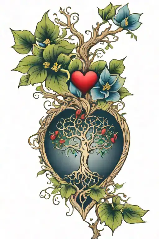 tree of life intertwined with larkspur and waterlilies heart shape tattoo design idea