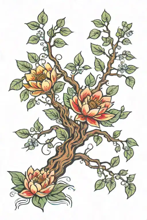 tree of life intertwined with larkspur and waterlilies tattoo design idea