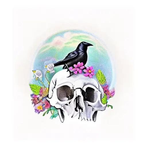 crow sitting on a skull with flowers  tattoo design idea