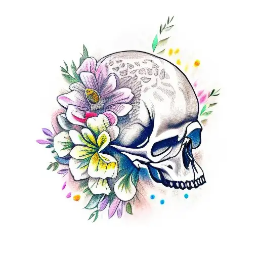 crow sitting on a skull with flowers  tattoo design idea