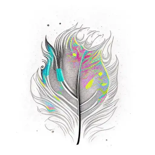 colourful feather with dew drop and written never give up in black colour tattoo design idea